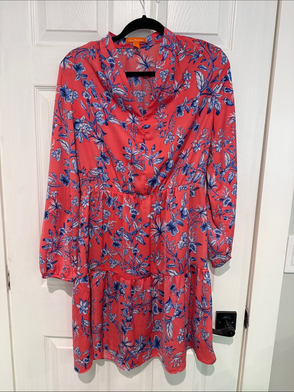 Coral Blue Floral Long-Sleeve Tiered Dress